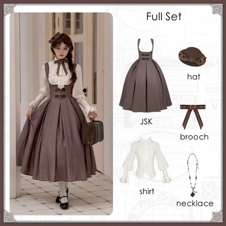 Brown Long Version Under Bust Elegant Classic Lolita JSK + Shirt + Mini Hat + Brooch + Necklace