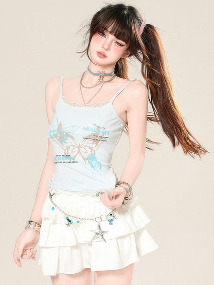 Glamorous Cami And Butterfly Lace Letter Print Top Trim Blue