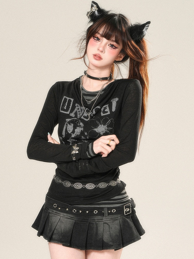 Print Letter Long Black Sleeves And Bittersweet Top Cartoon
