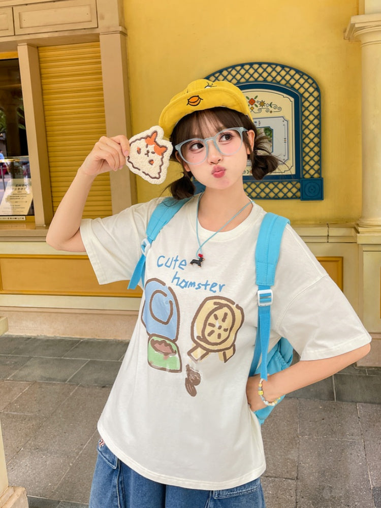 Hamster Applique Loose Beige Round Neck Cute T-Shirt