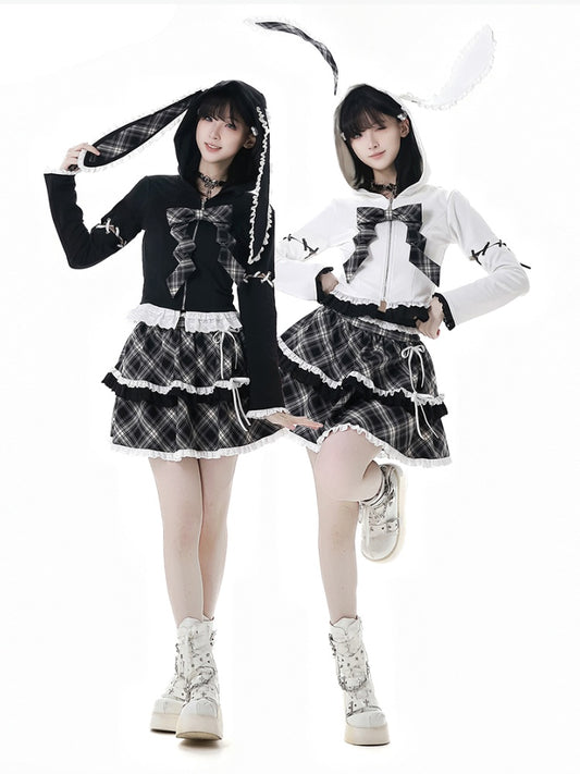 Ruffled Lace Trim Bowknot Details Tiered Skirt Black Plaid