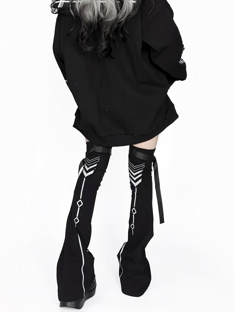 Reflective Leg Warmers Black Cyberpunk Design Techwear Flared Print