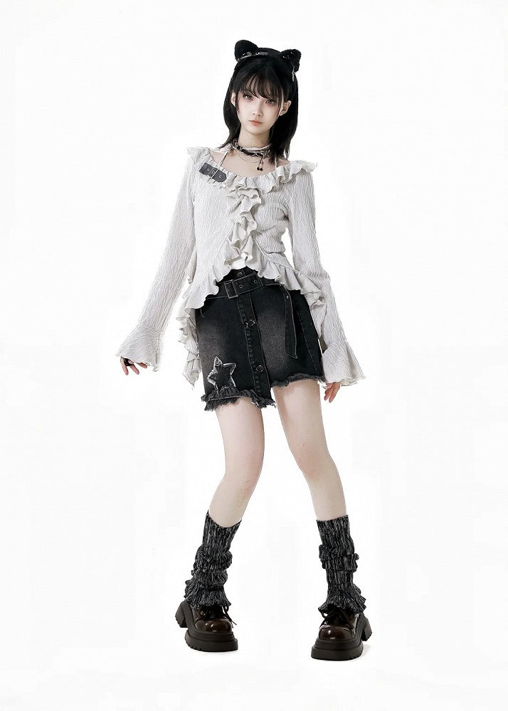 Y2K Black Star Appliques Raw Hem Denim Skirt with Buckle Belt