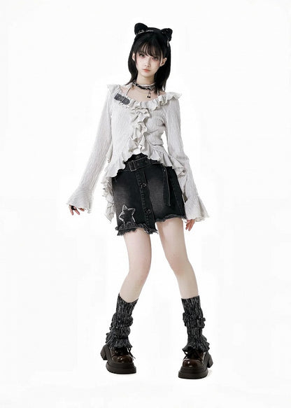 Y2K Black Star Appliques Raw Hem Denim Skirt with Buckle Belt