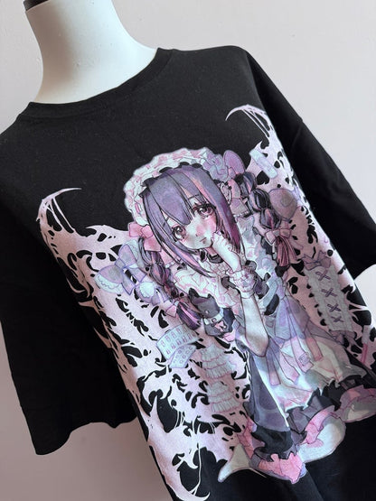 Black Jirai Cartoon Girl Round Kei T-shirt Print Neck