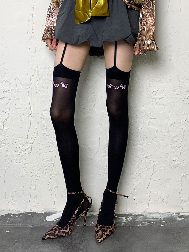 Y2K Black Kitty Print Suspender Tights