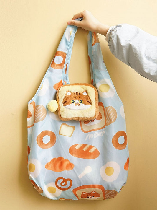 Cute Cat And Bread Print Blue Shoulder Bag