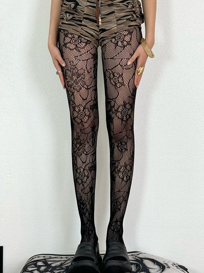 Black/White/Gray Pattern Tights Floral