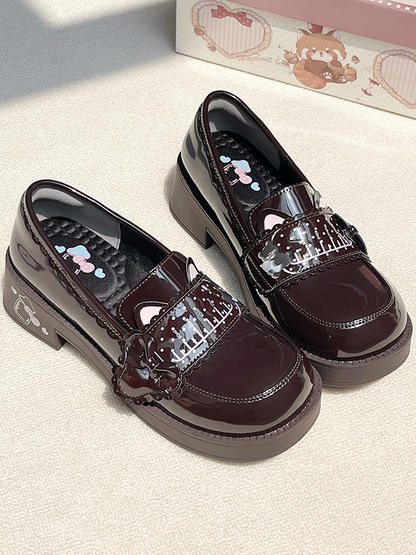 Shoes Style Design Mid-heel Ear Preppy - PU Bottle Cat Milk Print Brown Slip-On with Accents