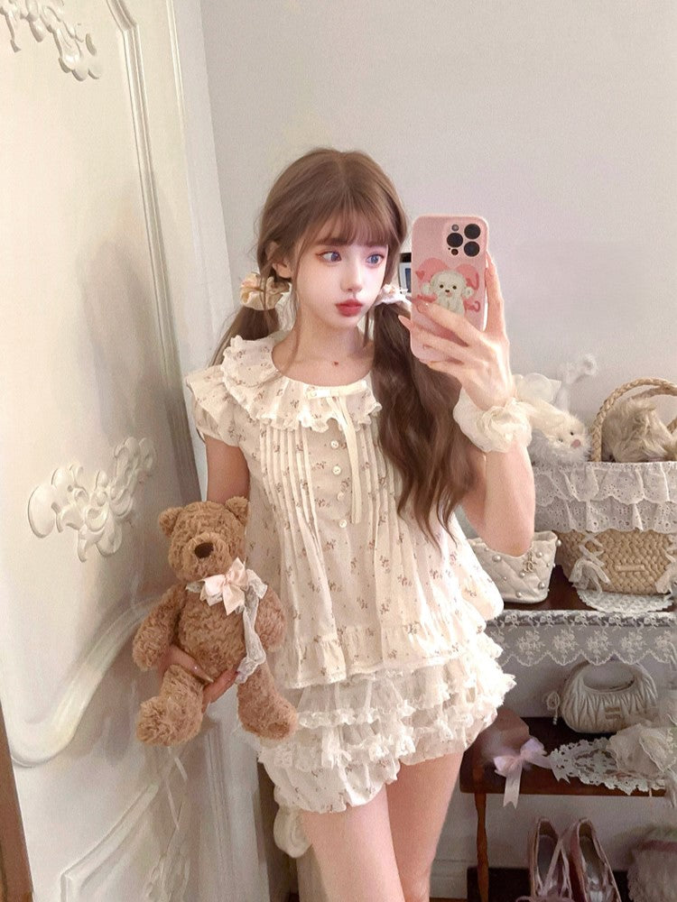 Dollcore Bluse Beige Blumen Rüschenbesatz Print Mit