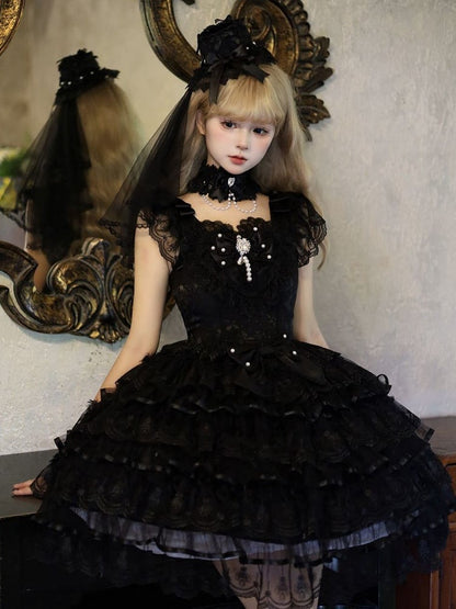 Butterfly Hanayome Skirt Tiered Dress Hime Bodice Lolita Fabric All Black