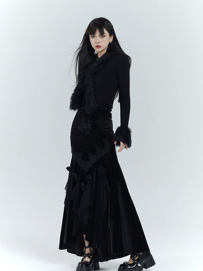 Gothic Black Velvet Rosette Lace Trim High-low Mermaid Skirt