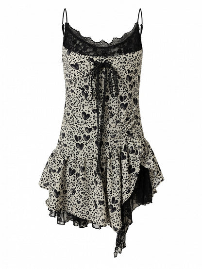 Self-tie Trim BlackWhite Asymmetrical Hem Strap Lace Cami Dress Print Glamorous Heart