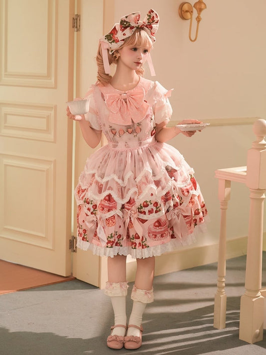Ensemble complet Lolita une pièce rose à imprimé fraise et col Peter Pan