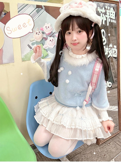 Blue Plush Trim Bows and Pompons Sweater with White Ruffled Cuff Top Set