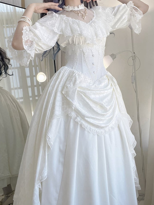White Boned Corset Waist Skirt High Waist Aristocrat Gothic Lolita SK