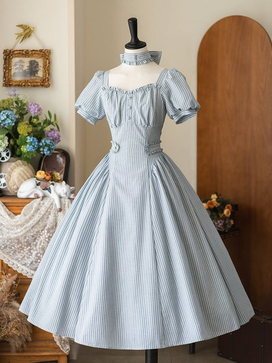 Neckline Sleeves Puff Retro Striped Fabric Blue Dress Square Fashion Vintage