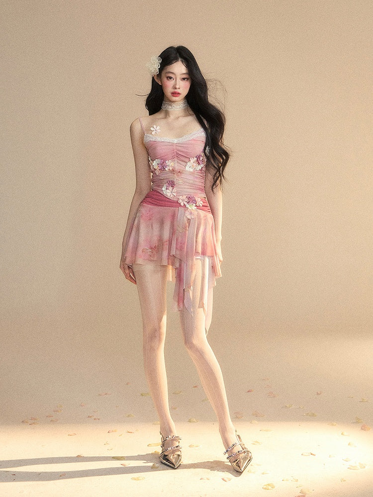 Top/Shorts mit asymmetrischem Saum und Kirschblüten-Print