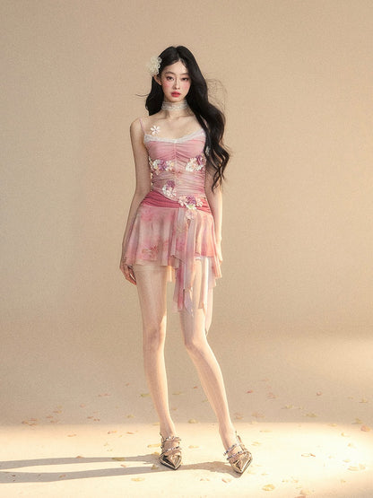 Top/Shorts mit asymmetrischem Saum und Kirschblüten-Print