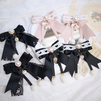 Jirai Kei Dusty Black&White Beaded Heart Lace Bowknot Hairclips