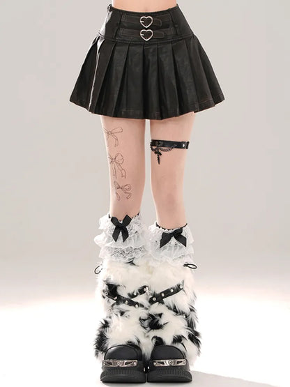 ストラップ バックル ブラック/ブラウン プリーツスカート