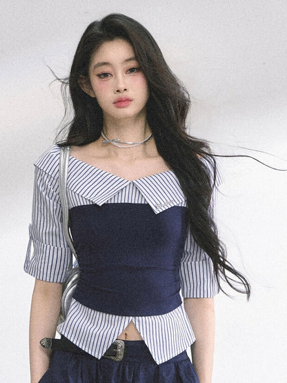 Blue Shirt Striped Foldover Collar Gray/Navy Neckline Off-the-shoulder