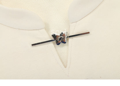 Banded Sweatshirt Collar Butterfly Style Cheongsam Print Black/Apricot