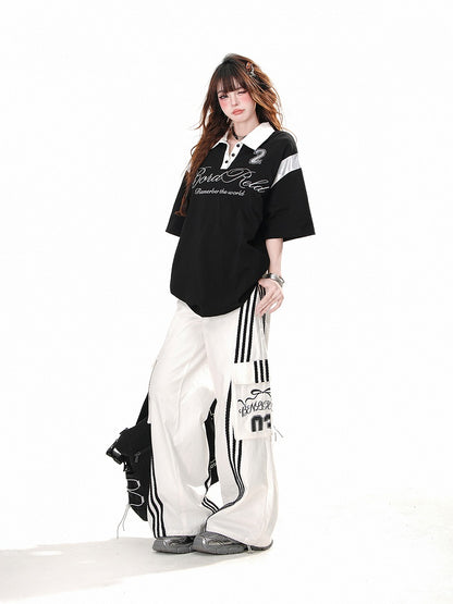 Pants Wide-leg Black Cargo Loose White Pockets