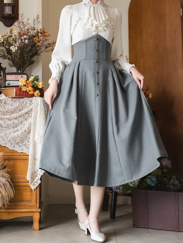 Jupe Lolita classique élégante taille haute bleu clair poussiéreux vintage printemps