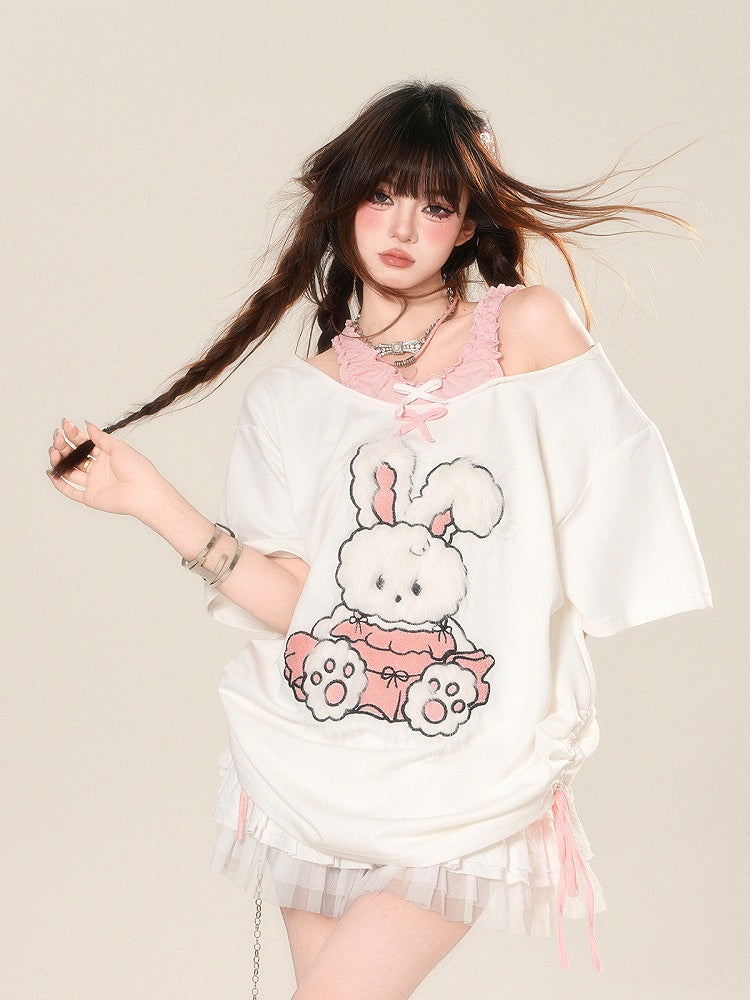 T-Shirt Pattern Adorable Cutout Shoulder Drawstring Waist Bunny White Loose