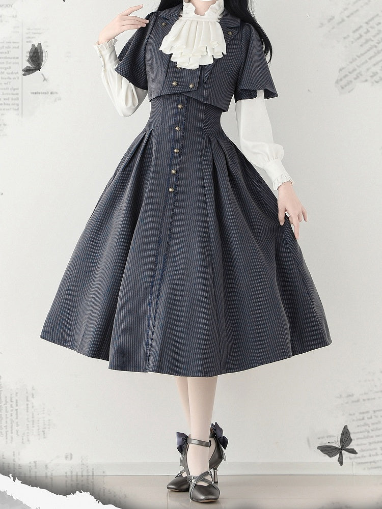 Jupe Lolita classique élégante taille haute bleu foncé poussiéreux vintage printemps