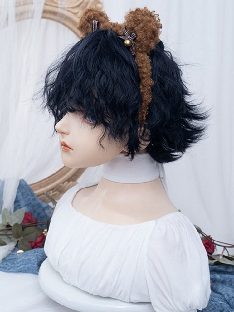 Dark Blue Short Wavy  Boy Style Wig