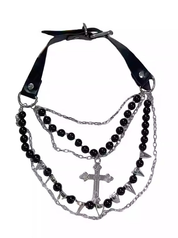 Studs Black Beaded Necklace Silver Pendant Decorated And Cross