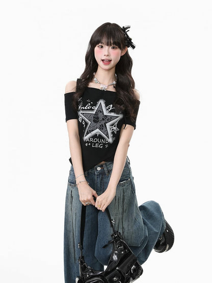 Two-Piece Top with Star Embroidery Black/White Faux Asymmetrical Off-Shoulder