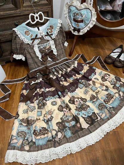 Puppy Sweet Full Cute Lolita Set Brown Waist High and Fluffy Dress Desserts