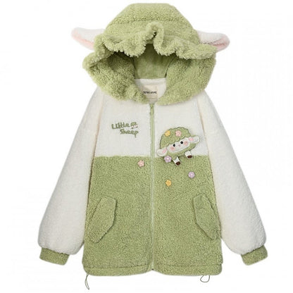 Cute Lamb Applique White and Green Colorblock Design Fleece Zip Hoodie