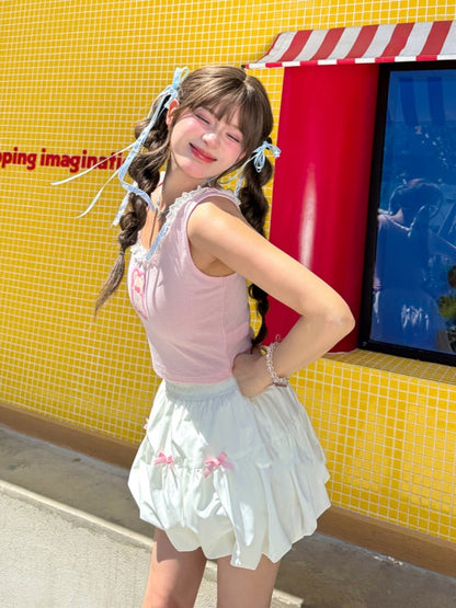 Pink Bowknots White Elastic Waist Bubble Skirt