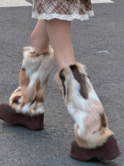 White&Brown Y2K Shaggy Leg Warmers