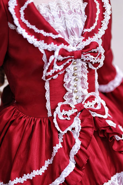 Red Gorgeous Tiered Ruffle Skirt Puff Sleeves and Bell Sleeves Lolita Dress