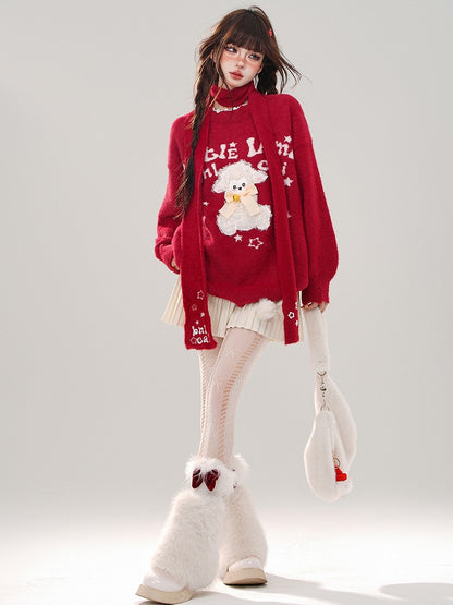 Red/Black Cute Lamb Appliques Loose Sweater with Free Scarf