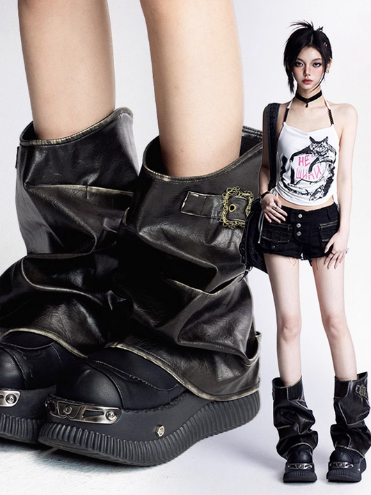 Bittersweet Y2K Strap Black PU Buckle Leg Warmers Distressed