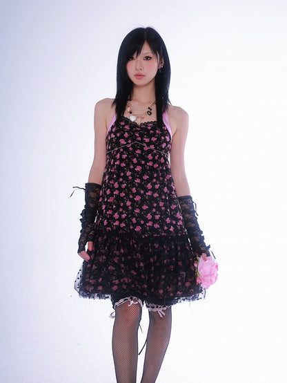 Robe dos nu à imprimé floral noir Gyaru