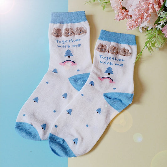Bears Print Blue and White Ankle Socks