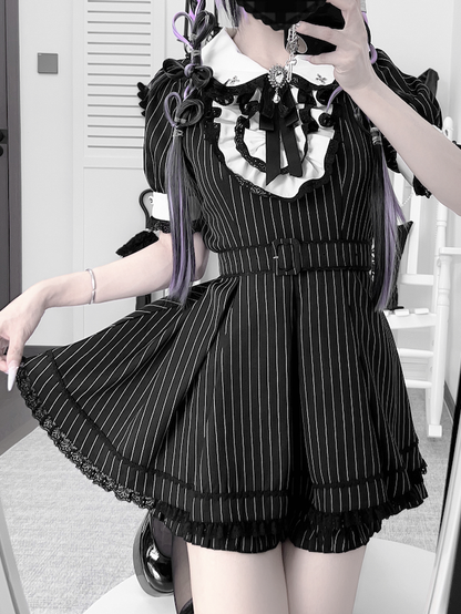White Black and Kei Maid with Collar Jirai Stripes Shorts Set Peter Top Pan