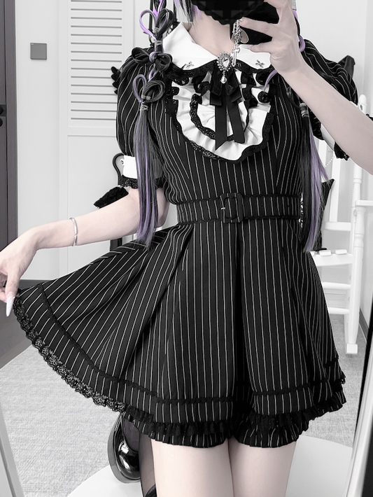 White Black and Kei Maid with Collar Jirai Stripes Shorts Set Peter Top Pan