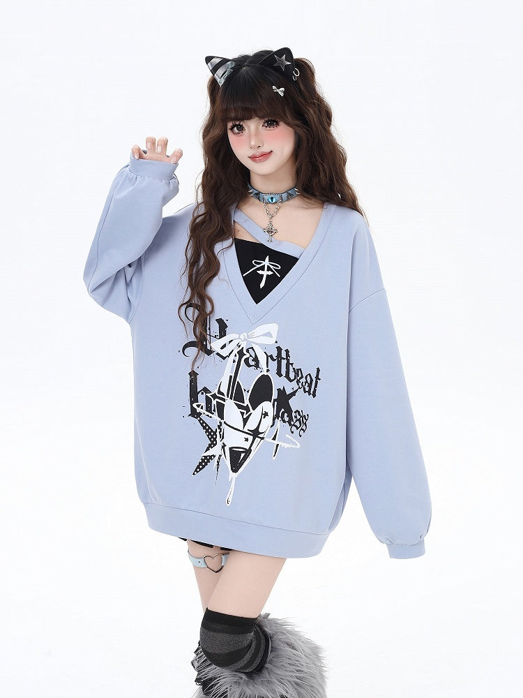 Sweatshirt V-Neck Heart and Bow Print Loose Two-pieces Bittersweet Black/Blue Faux
