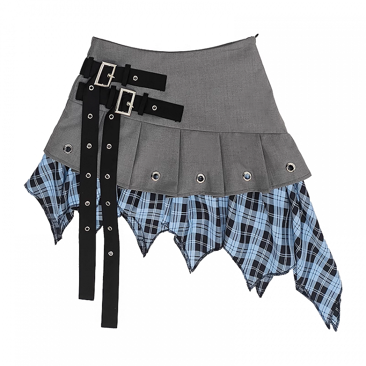 Blue Plaid Handkerchief Hem Gray Buckle Y2K Straps Skirt