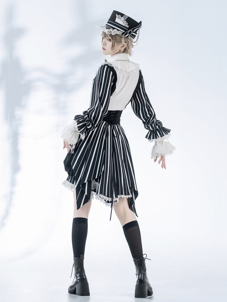 Black and White Ouji Lolita Circus Magician Vibes Striped Long Sleeves Shirt