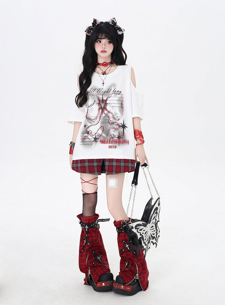 Red Neck Plaid Hem White Cutout Shoulder Graphic T-Shirt Round