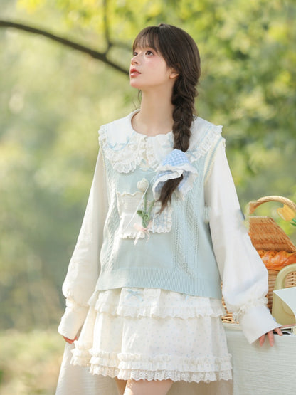 White Lace Trim Peter Pan Collar Bowknot Details Blouse